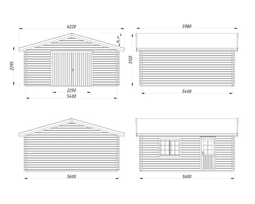 Technische Zeichnung einer Garage mit verschiedenen Ansichten und Maßangaben.