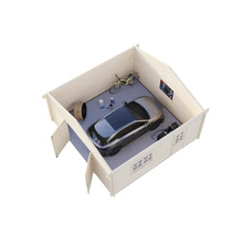 Ansicht eines Gerätehauses mit Auto, Fahrrad und Werkzeugen