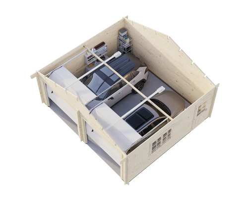 Doppelgarage aus Holz mit zwei Autos und Regalen