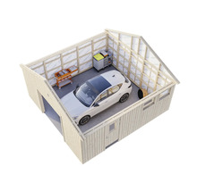 Garage mit Auto, Werkzeugwagen und Regalen