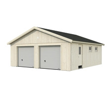 Doppelgarage aus Holz mit zwei Garagentoren und einer Seitentür