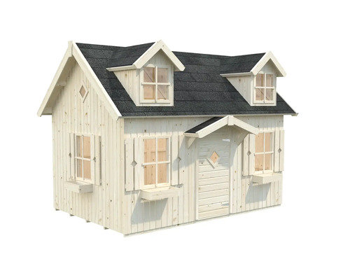 Spielhaus aus Holz mit Dach und Fenstern