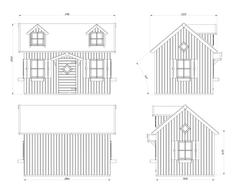 Technische Zeichnung eines Gartenhauses mit Maßangaben