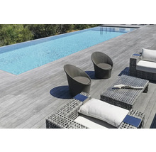 Außenbereich mit Schwimmbad, Terrasse mit Sitzgruppe und Korbsesseln