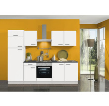 Komplette Küchenzeile mit Schränken, Spüle, Herd und Dunstabzugshaube in einer hellen Küche.