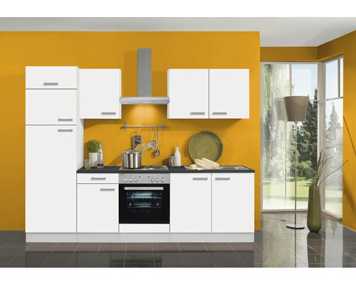 Komplette Küchenzeile mit Schränken, Spüle, Herd und Dunstabzugshaube in einer hellen Küche.