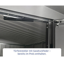 Türfeststeller mit Gasdruckfeder in einem Metallgartenhaus