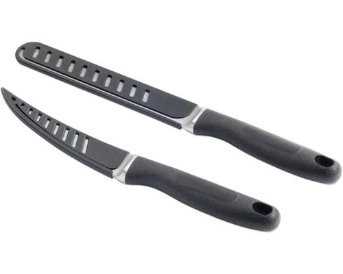 Zwei schwarze Filetiermesser mit Schlitzen