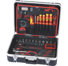 Geöffneter Werkzeugkoffer mit Schraubendrehern, Messwerkzeug, Steckschlüsseln und Schraubenschlüsseln