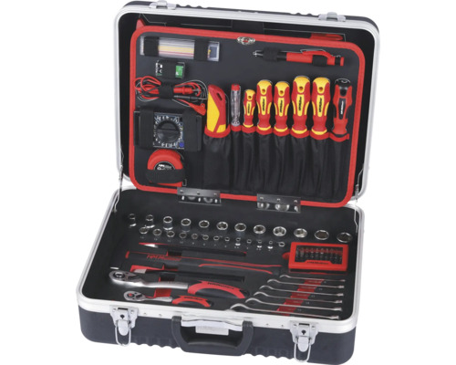 Geöffneter Werkzeugkoffer mit Schraubendrehern, Messwerkzeug, Steckschlüsseln und Schraubenschlüsseln