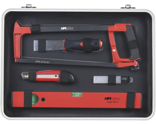 Werkzeugkoffer mit Fuchsschwanzsäge, Stechbeitel, Messer, Ersatzklingen und Wasserwaage