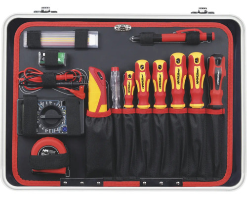 Werkzeugkoffer mit Multimeter, Schraubendrehern, Spannungsprüfer, Messwerkzeug und Stift