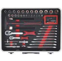 Werkzeugkoffer mit Hammer, Schraubenschlüssel, Steckschlüsseln und Bits