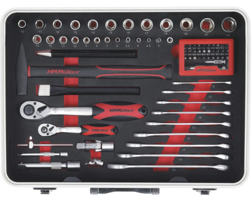 Werkzeugkoffer mit Hammer, Schraubenschlüssel, Steckschlüsseln und Bits