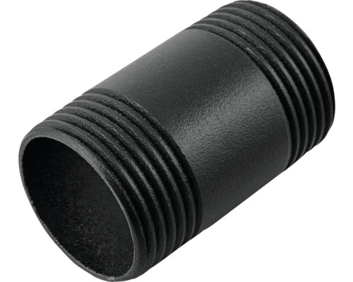 Schwarzes Rohrnippel aus Metall mit Gewindeenden.