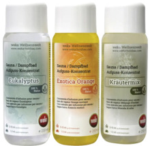 Drei Flaschen Saunaaufgusskonzentrat von Weka: Eukalyptus, Exotica Orange und Kräutermix