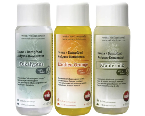 Drei Flaschen Saunaaufgusskonzentrat von Weka: Eukalyptus, Exotica Orange und Kräutermix