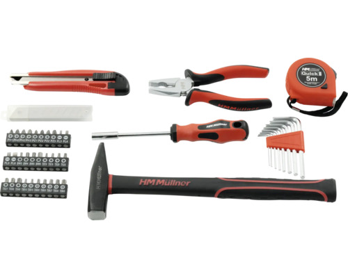 HM Müller Werkzeugset mit Hammer, Schraubendreher, Zange, Messer, Maßband und Inbusschlüsseln