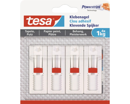 Tesa Klebenägel für Tapete und Putz, geeignet für bis zu 1 Kilogramm Last, 4 Stück