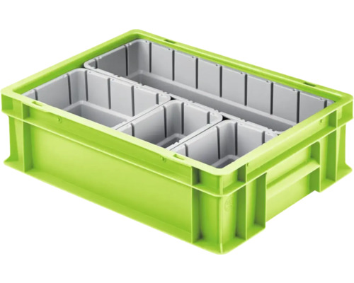Grüne Stapelbox mit Fächern zur Aufbewahrung