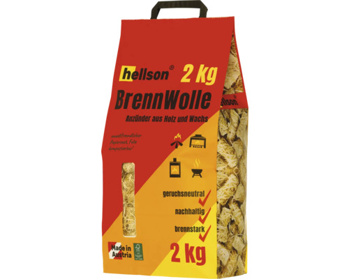 Hellson Brenn Wolle 2 kg Sack mit Holzwolle Anzündern aus Holz und Wachs