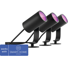Drei schwarze Gartenstrahler mit Erdspieß und Smart Home Logo.