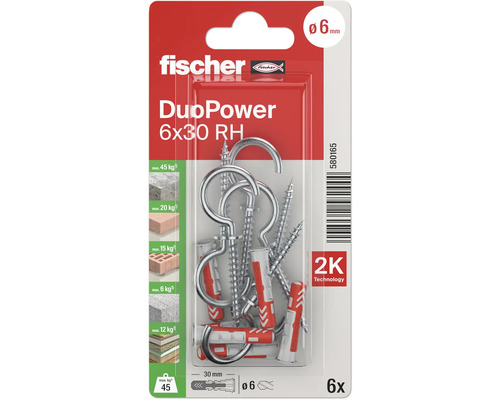 Fischer Dübel DuoPower 6x30 RH, 6 Stück, mit Schraubhaken