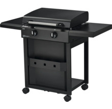 Schwarzer Gasgrill mit zwei Brennern und Ablageflächen