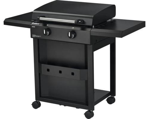 Schwarzer Gasgrill mit zwei Brennern und Ablageflächen