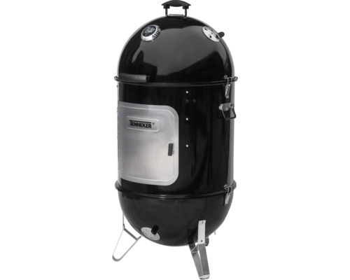 Schwarzer Tenneker Vertikalgrill mit Temperaturanzeige und silberfarbener Tür