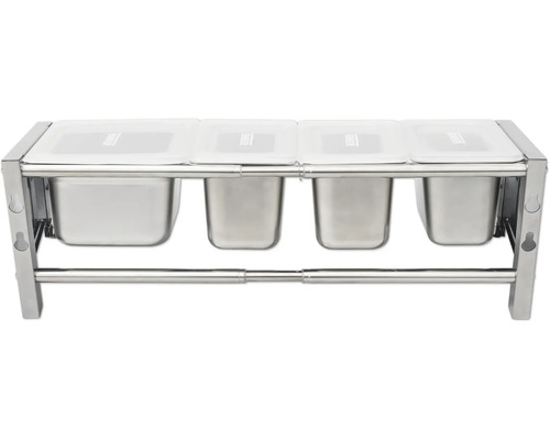 Edelstahl Gestell mit vier Behältern und Deckeln zur Mülltrennung