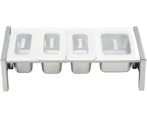 Edelstahl-Speisenwärmer mit vier Behältern und transparenten Deckeln