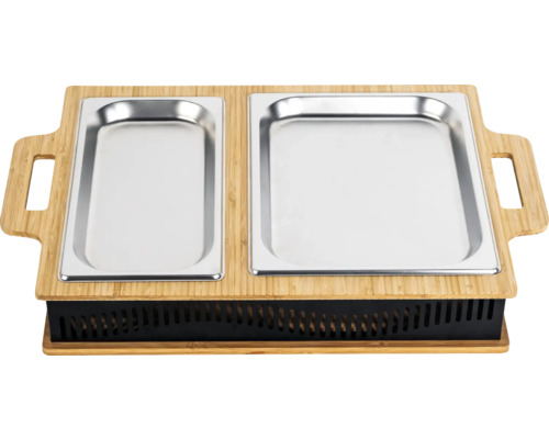 Rechaud mit zwei Edelstahlschalen und Bambusgestell