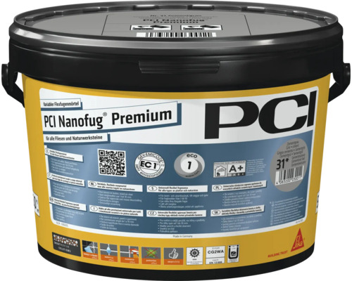 PCI Nanofug Premium variabler Flexfugenmörtel für Fliesen und Natursteine in einem gelben Eimer