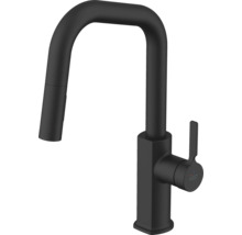 Schwarze Küchenarmatur mit hohem Auslauf und herausziehbarer Brause