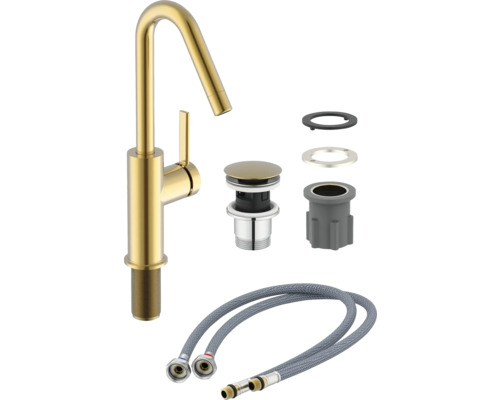 Goldfarbene Waschtischarmatur mit Ablaufgarnitur und Anschlussschläuchen