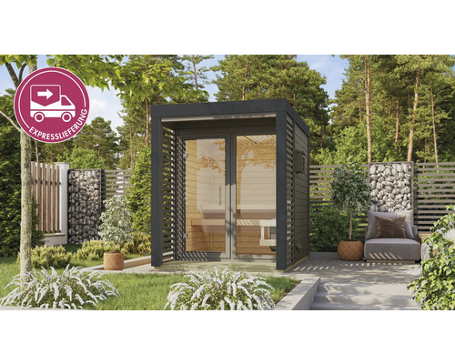Freistehende Gartensauna mit Expresslieferung im Außenbereich.