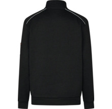 Rückansicht einer schwarzen Sweatjacke mit Streifen und Reißverschluss