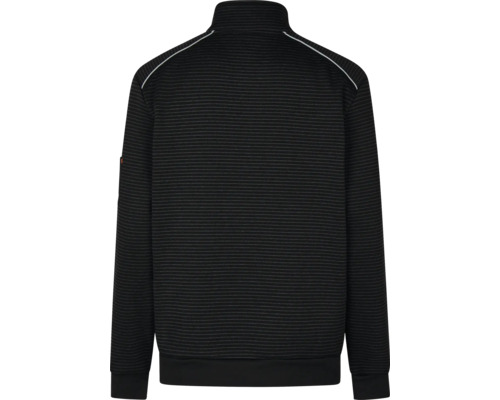 Rückansicht einer schwarzen Sweatjacke mit Streifen und Reißverschluss