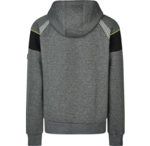 Grauer Kapuzenpullover von hinten mit reflektierenden Streifen und schwarzen Einsätzen.