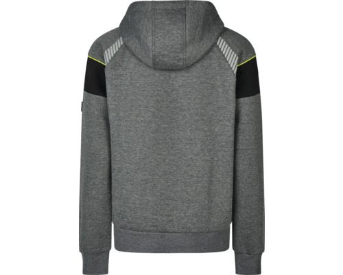 Grauer Kapuzenpullover von hinten mit reflektierenden Streifen und schwarzen Einsätzen.