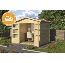 Gartenhaus mit geöffneten Doppeltüren und Büromöbeln inklusive Expresslieferung-Symbol.