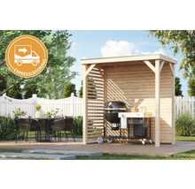 Holz Grillkota mit Grill, Tisch und Stühlen im Garten