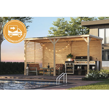 Szene mit Holzpavillon, Gartenmöbeln, Grill und Expresslieferung Symbol