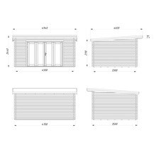 Technische Zeichnung eines Gartenhauses mit Maßangaben