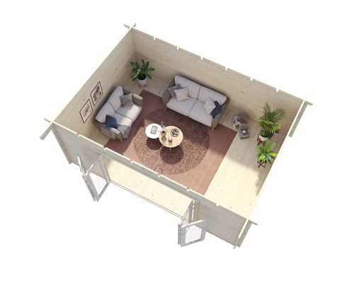 Innenansicht eines Gartenhauses mit Sofas, Tisch und Pflanzen.