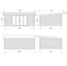Technische Zeichnung eines Gartenhauses mit Maßen.