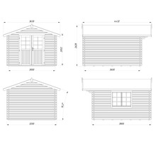 Technische Zeichnung eines Gartenhauses mit Maßangaben.