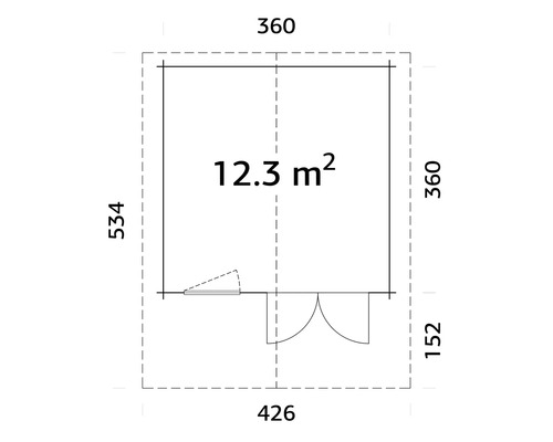 Grundrisszeichnung eines Gartenhauses mit den Maßen 360 x 426 x 534 cm und einer Fläche von 12,3 Quadratmetern.