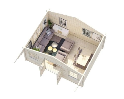 Innenansicht eines Holzhauses mit Wohn- und Essbereich